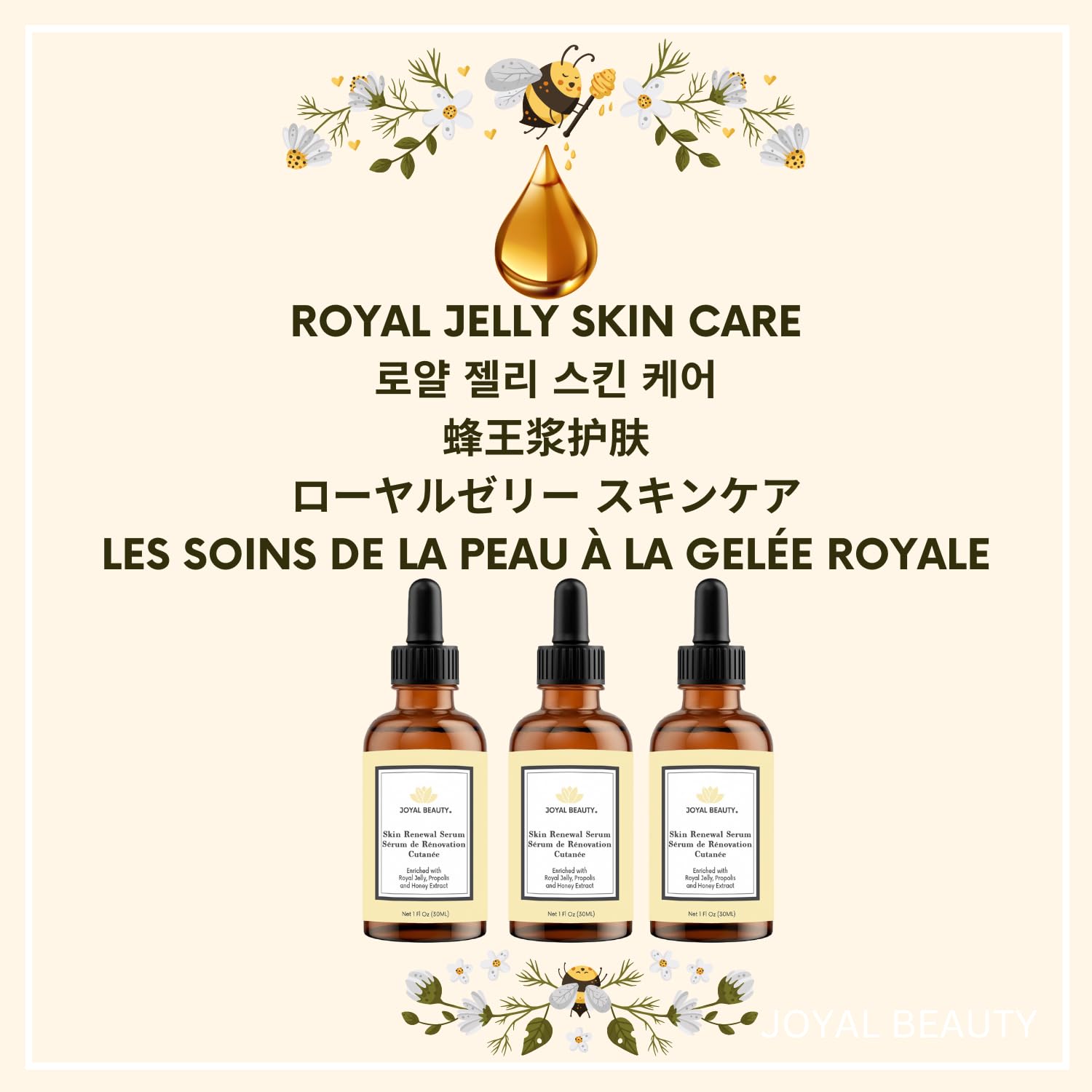 JOYAL BEAUTY Organic Royal Jelly Skin Renewal Serum for Face Skin Eyes. Best Intensive Firming Renewing Resurfacing Solution Enriched with Honey, Bee Propolis for Flawless Baby Soft Skin