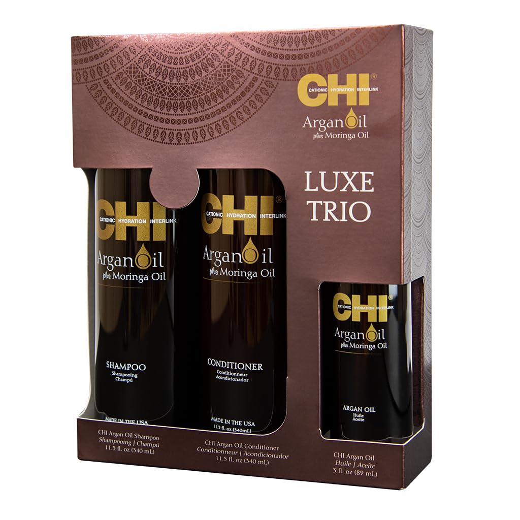 CHI Argan Oil plus Moringa Oil Luxe Trio Kit with Shampoo, Conditioner and Moringa Oil (Set of 3), 11 fl. oz.