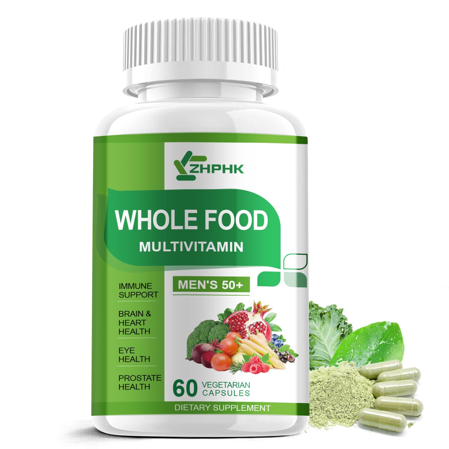 ZHPHK Mens Multivitamins 50 Plus, Whole Food Multivitamin Organic Natural Foods Mens Vitamins Multivitamin Men 50+ for Brain, Heart and Eye Health, Improve Digestion & Prostate Health, 60 Capsules