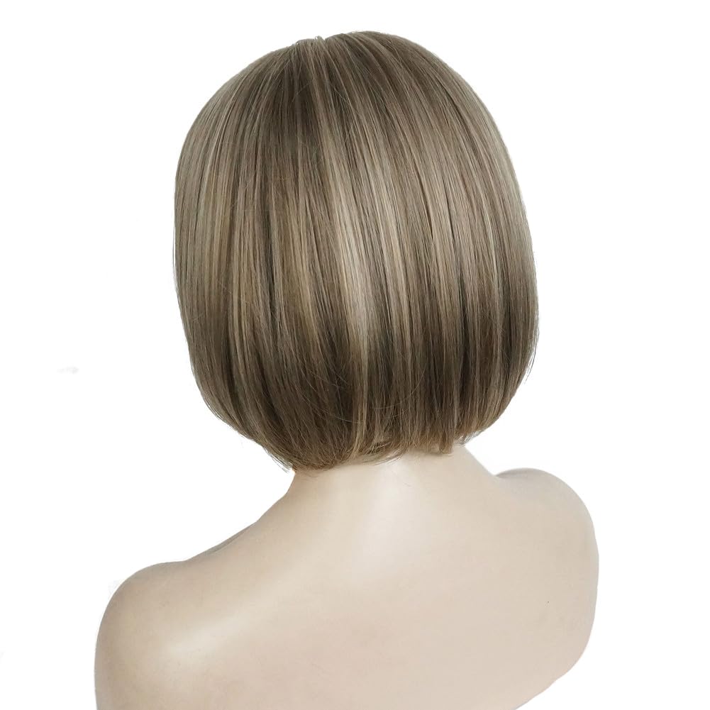 Aimole Short Bob Straight Wig with Cute Flat Bangs Synthetic Hair with Skin Top