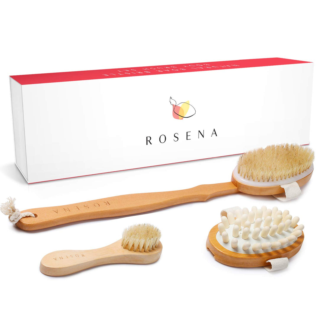 Rosena Dry Brushing Body Brush Set - Best for Skin Natural Exfoliating, Cellulite & Lymphatic Drainage | Kit Includes Face Brush, Fascia Massager & Long Handle Back Scrubber for Shower & Bath