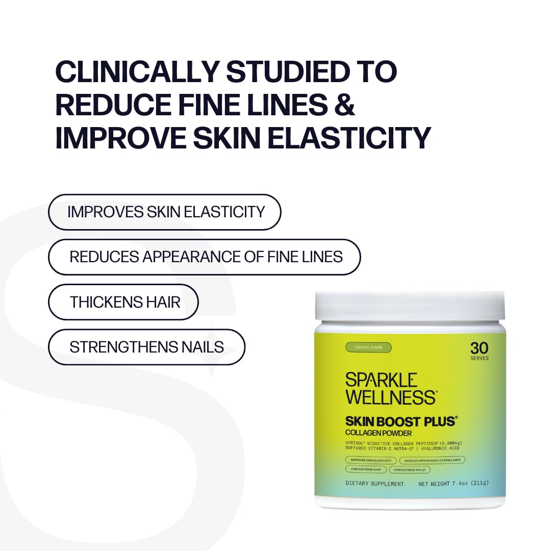 Sparkle Wellness Skin Boost Plus (Tropical) [30-Serves] | Collagen Powder Supplement with VERISOL Bioactive Hydrolyzed Collagen Peptides, Vitamin C & Hyaluronic Acid
