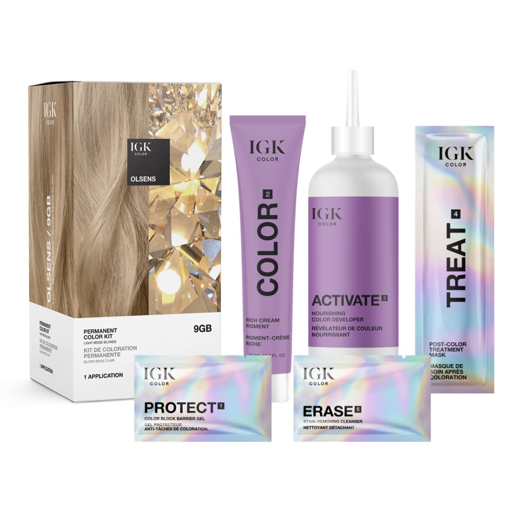 IGK Permanent Hair Color Kit | 9GB Olsens - Light Beige Blonde | 100% Gray Color Coverage + Strengthen + Shine | Ammonia Free