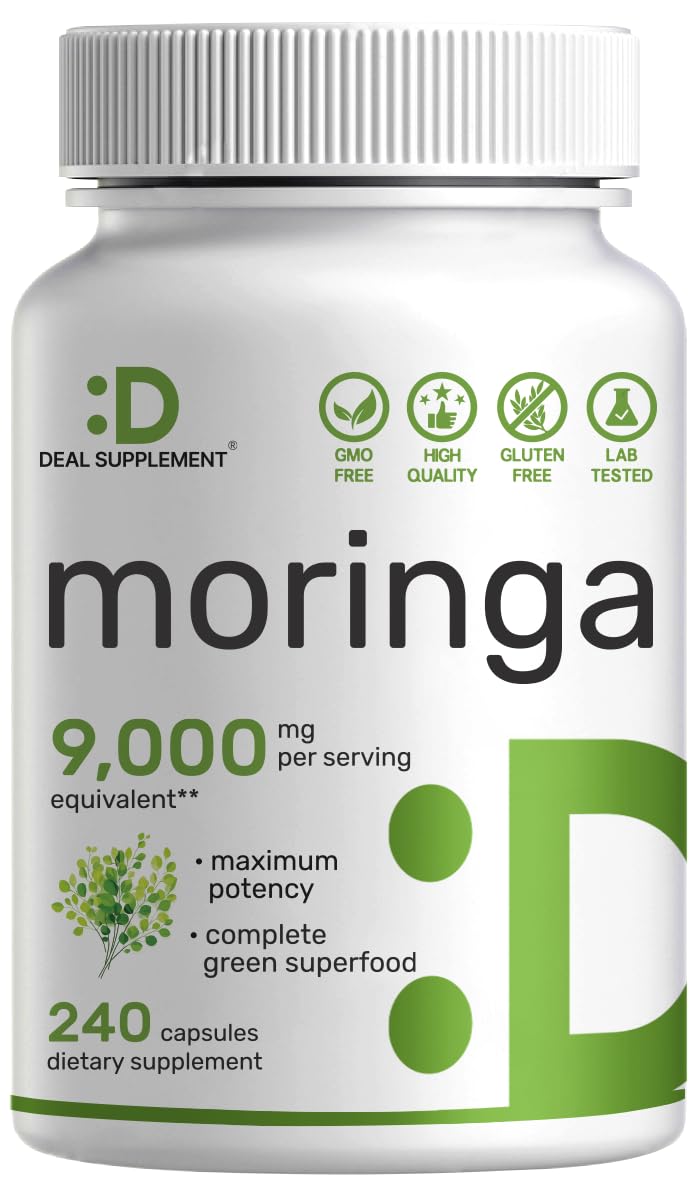 Moringa Pure Capsules 9,000mg Herbal Equivalent, 240 Capsules – Maximum Potency Moringa Leaf Extract – Complete Green Superfood Supplement for Energy, Skin, & Immune Health Support – Non-GMO