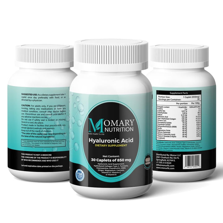 MOMARY NUTRITION, Hyaluronic Acid Supplement, Natural Skin Hydration, Advanced Joint Support and Mobility Booster, Type II Hydrolyzed Collagen, Turmeric, Glucosamine, Chondroitin, 30Caplets 850Mg
