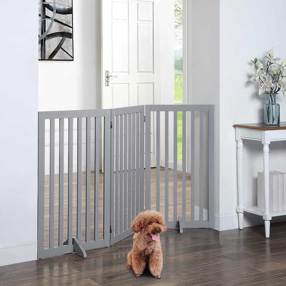Unipaws Indoor 3 Panels Classic Freestanding Wooden Foldable Pet Gate with Support Feet - Grey, 20 W x 36 H