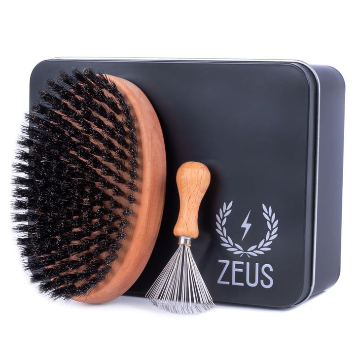 Zeus Military-Style 100% Boar Bristle Large Oval Brush Set in Tin - Made in Germany (Second-Cut Bristles (Medium-Firm))
