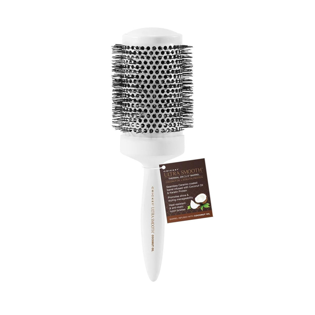 Cricket Ultra Smooth Coconut 2.5” Thermal Ceramic Barrel Hair Brush Anti-Static Heat-Resistant Hairbrush for Blow Drying, Curling and Styling All Hair Types