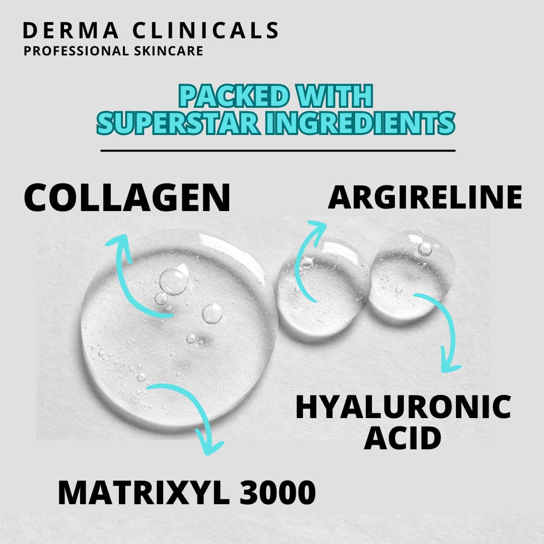 DERMA CLINICALS Collagen Peptide Serum with Matrixyl 3000 + Argireline, Hyaluronic Acid Serum, Anti-Aging Collagen Face Serum, Firming and Plumping, Anti-Wrinkle Serum for face - 4oz