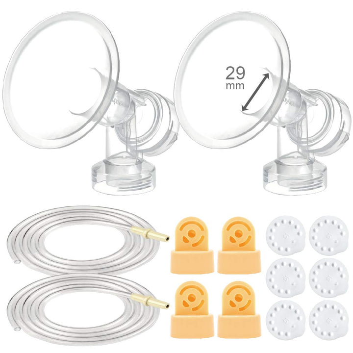 Maymom MyFit Breast Pump Kit Compatible with Medela Pump in Style Advanced Breast Pumps; 2X 29mm Breastshields (one-Piece), 4 Valve, 6 Membrane, & 2 Pump-in-Style Tubing; Can Replace Medela Valve