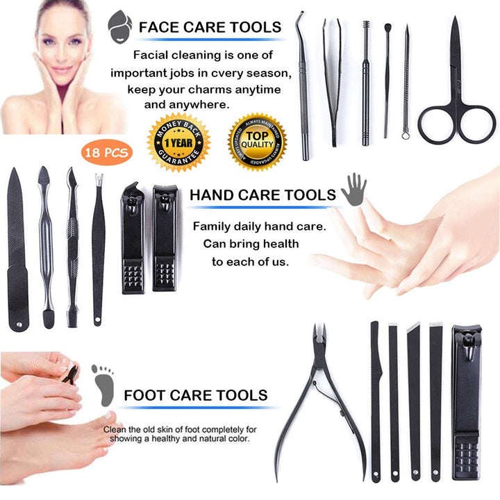 Nail Clippers Sets Manicure Set YOYOCO18 in 1 Grooming Kit Stainless Steel Professional Pedicure Set,Nail Scissors,Ear Pick,Nail Cutter,Nose Hair Scissors,Tweezers,Eyebrow Razor(Black/Red)