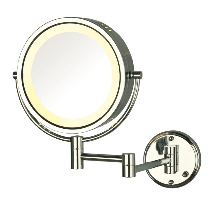 Jerdon Two-Sided Wall-Mounted Makeup Mirror with Lights - Direct Wire Lighted Mirror with 8X Magnification & Wall-Mount Arm - 8.5-inch Diameter Mirror with Chrome Finish Wall Mount - Model HL75CD