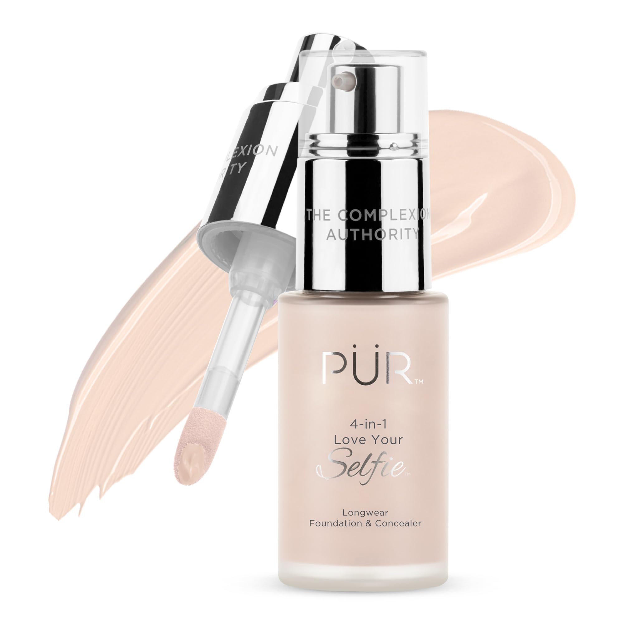 PÜR MINERALS 4-in-1 Love Your Selfie Longwear Foundation & Concealer, Full Coverage Liquid Foundation, Hydrating Formula, Cruelty Free