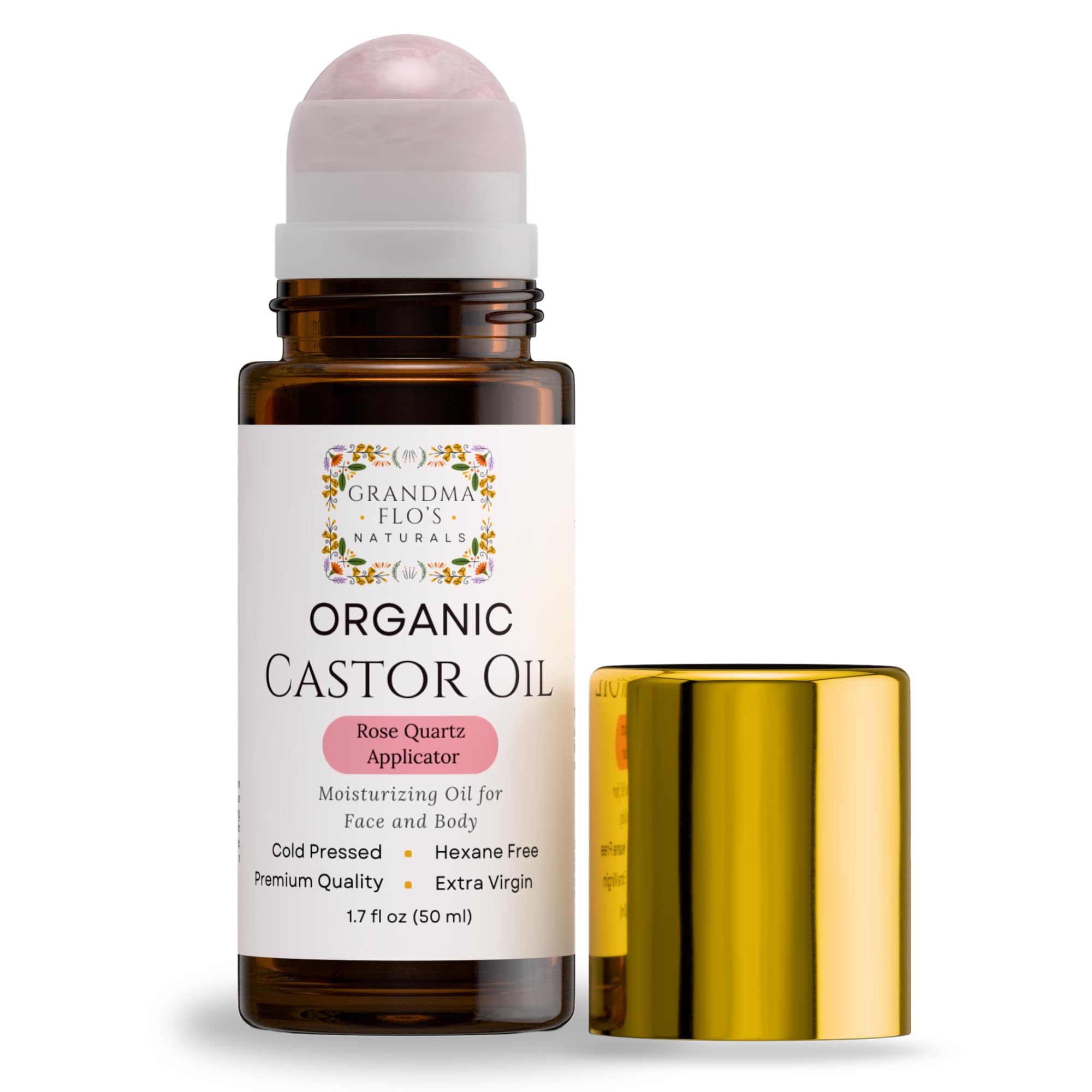 Grandma Flo's Naturals Organic Castor Oil with Rose Quartz Roll On For Face and Body - Glass Bottle, Cold Pressed, Hexane Free, Unrefined - Stimulate Hair Growth, Moisturize Skin