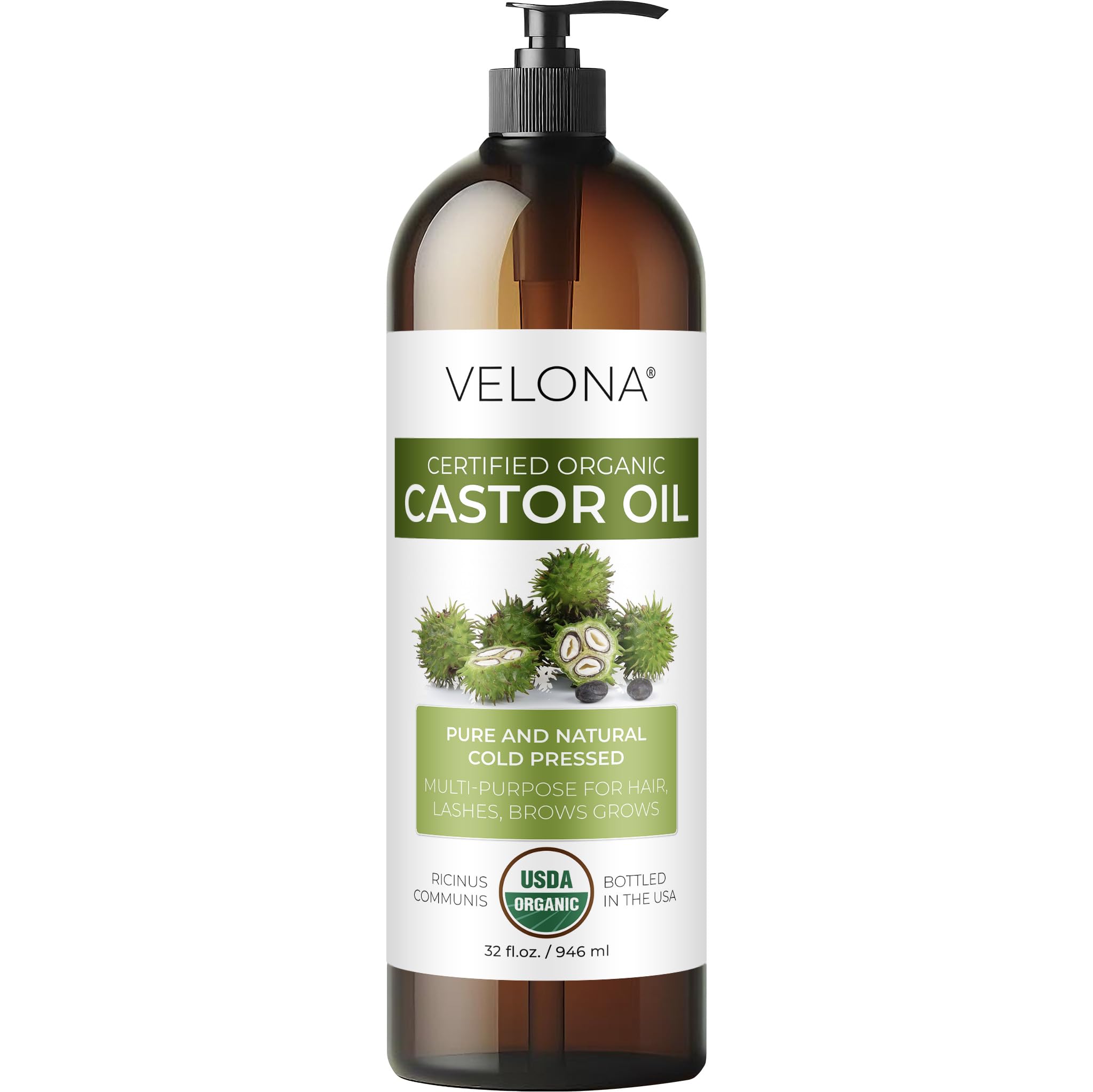 velona USDA Certified Organic Castor Oil - 32 fl oz | For Hair Growth, Boost Eyelashes, Eyebrows | Cold pressed, Natural Oil, USP Grade | Hexane Free, Lash Serum, Caster