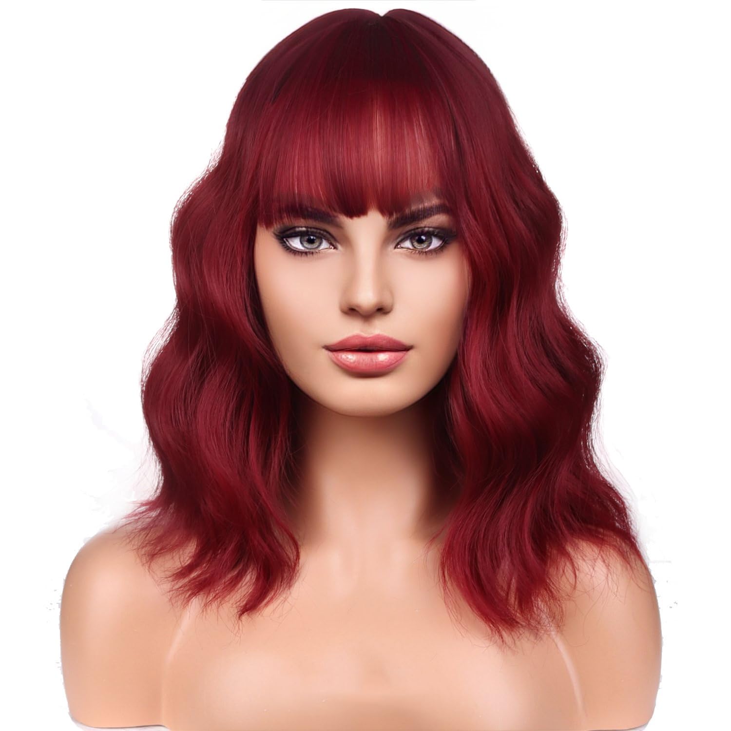 RightOn 14'' Short Curly Women Girl's Charming Synthetic Wig with Air Bangs + Free Wig Cap (Wine Red)