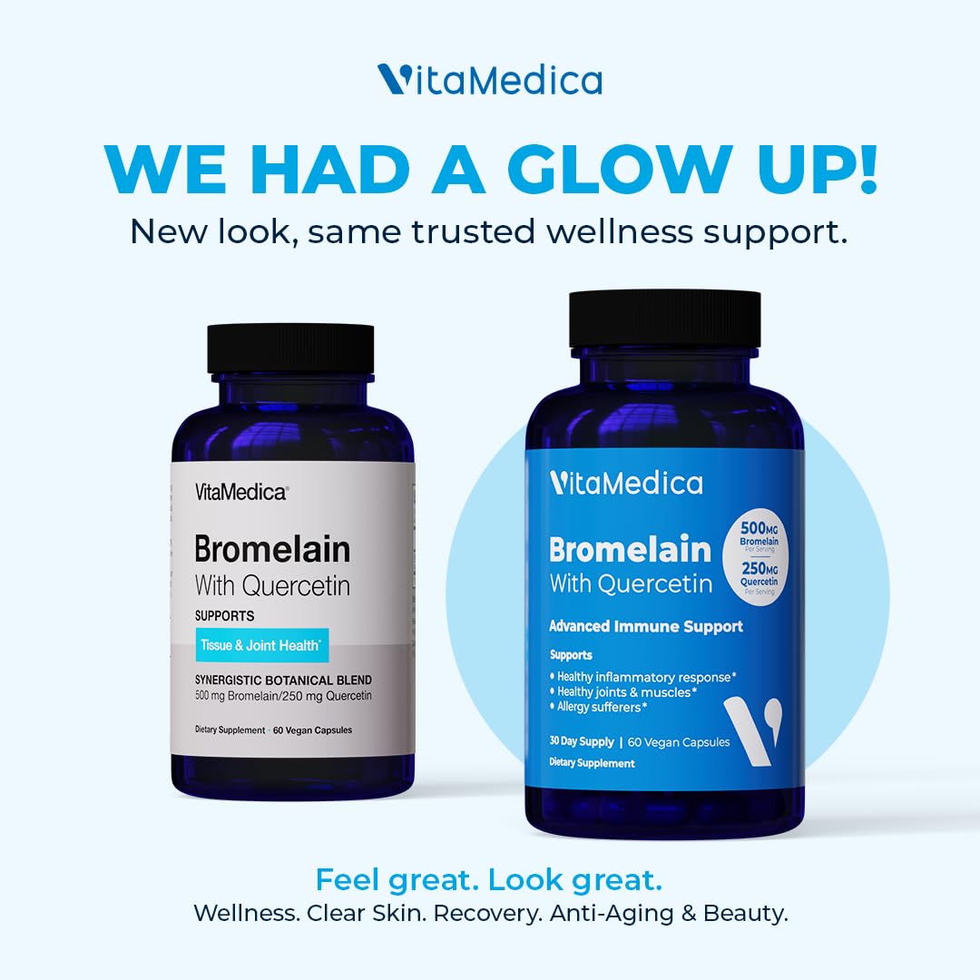 VitaMedica Bromelain & Quercetin Supplement - 500mg Bromelain 250mg Quercetin - 2400 GDU for Immunity, Joint Support, Inflammation and Muscle Recovery - 60 Vegan Capsules - 30 Servings