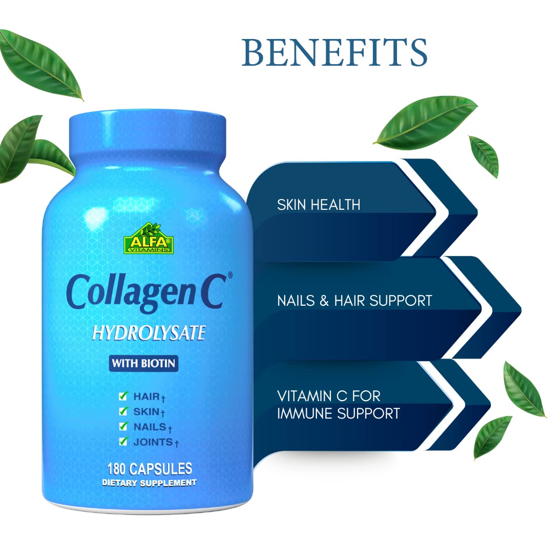 CollagenC - Collagen Hydrolysate Capsules with Biotin by Alfa Vitamins - Anti-Aging Nutritional Supplement for Skin, Nails & Hair Rejuvenation - Supports Bone & Muscle - Made in USA - 180 Capsules