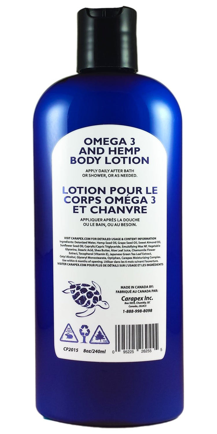 Natural Body Lotion Cruelty Free - Carapex Hemp Omega 3 Body Lotion, Light, Non Greasy, Fragrance Free, Paraben Free, for Sensitive Skin, Oily Skin with Shea Butter, Vitamin E, 8oz 240ml