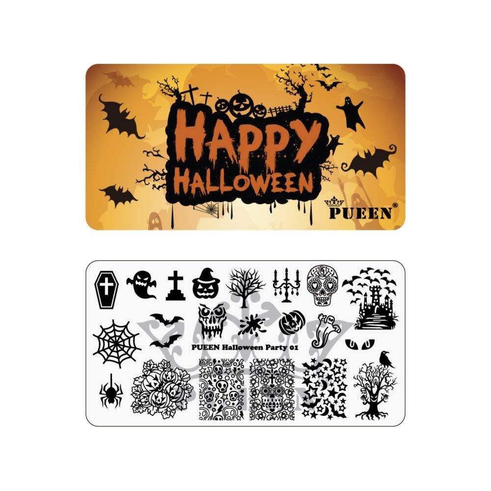 PUEEN Nail Art Stamping Plate - Halloween Party 01 - Theme Park Collection 125x65mm Unique Nailart Polish Stamping Manicure Image Plates Accessories Kit - BH000725