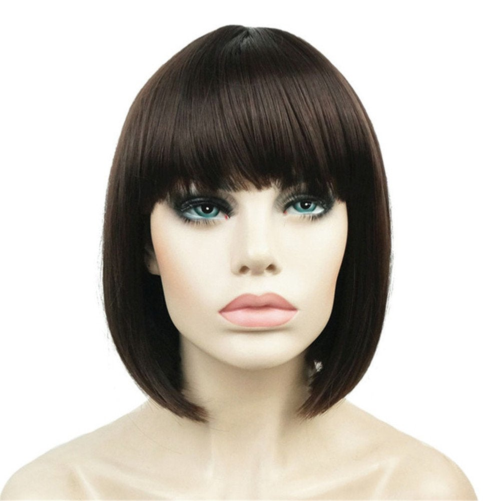 #6-Chestnut Brown: Aimole Short Straight Bob Wig Cute Flat Bangs Synthetic Full Women Wigs(6-Chestnut Brown)