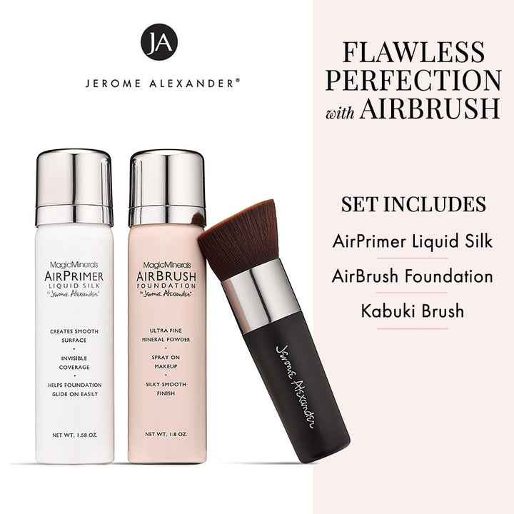 MagicMinerals AirBrush Foundation by Jerome Alexander 3-Piece Makeup Set - Liquid Silk AirPrimer, Mineral Foundation Spray and Kabuki Brush - Light Shade