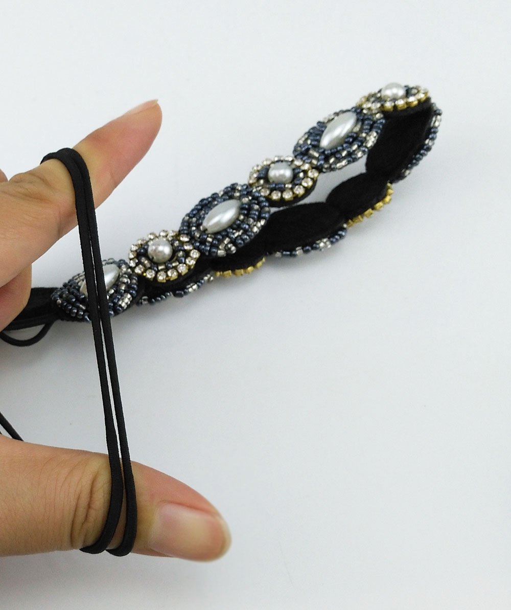 Navy blue + Gold : yueton Pack of 2 Handmade Crystal Rhinestone Beads Elastic Headband Hair Band Women Hair Accessories (Navy blue + Gold)