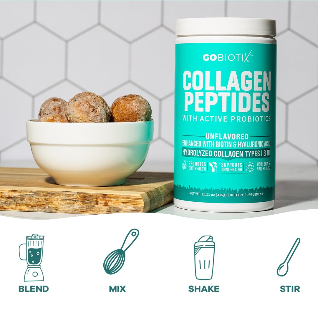 GOBIOTIX Collagen Powder Supplement with Probiotics - Hydrolyzed Protein Collagen Powder for Women - Hair Skin and Nails, Joint and Digestive Health - Collagen Peptides Type I and III - 30 Servings