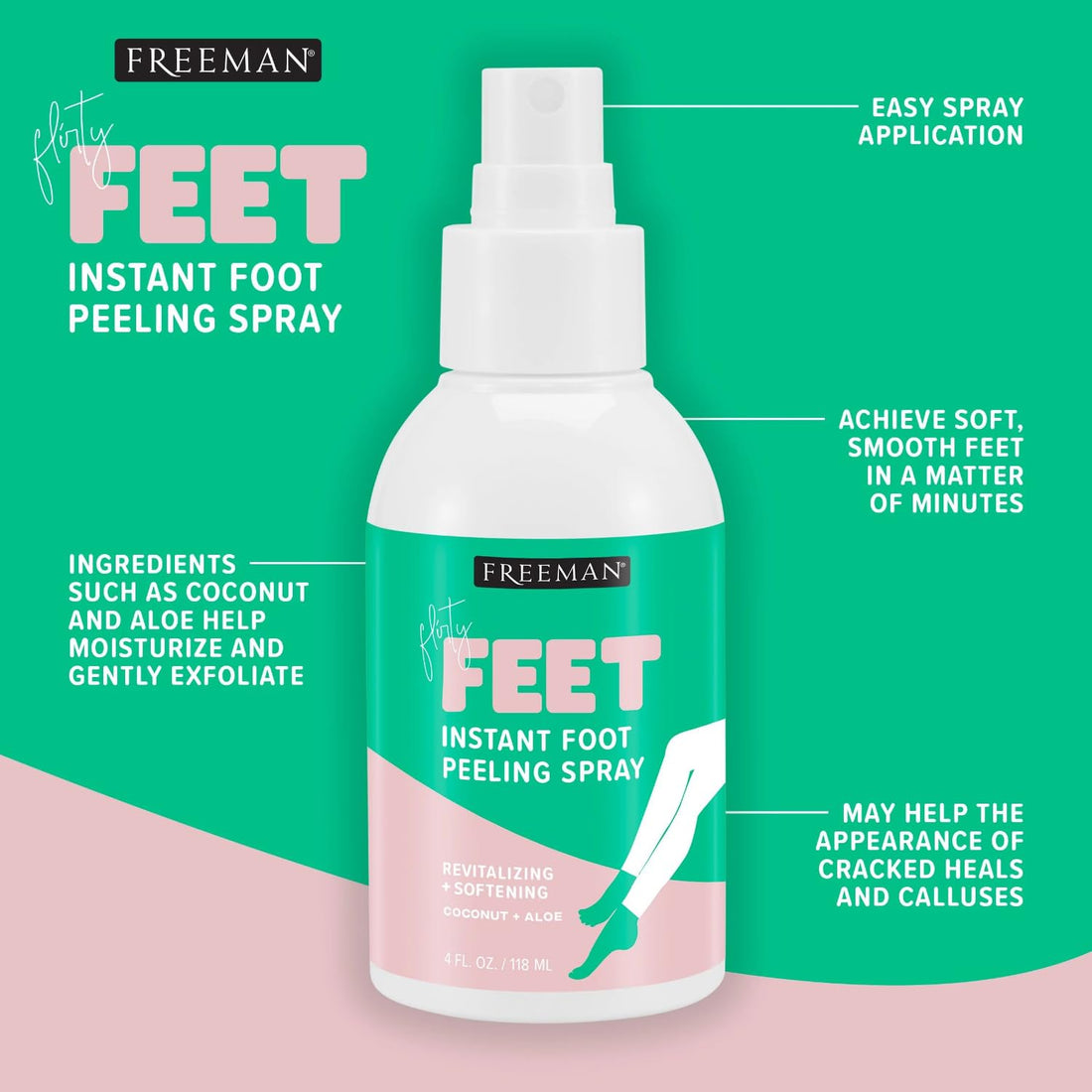 FREEMAN Beauty Flirty Feet Instant Peeling Foot Spray, Coconut and Aloe, Blue, 4 Fl Oz