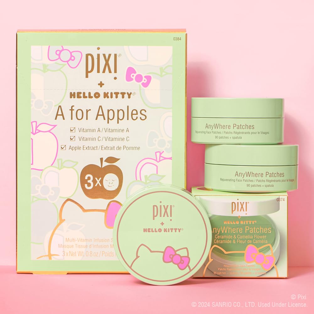 Pixi + Hello Kitty A for Apples Sheet Mask, Instantly Hydrating & Brightening Facial Mask, Infused with Vitamin A, Vitamin C, and Apple Extract, 3 Masks Per Box 3 x 0.8 oz / 23 gm