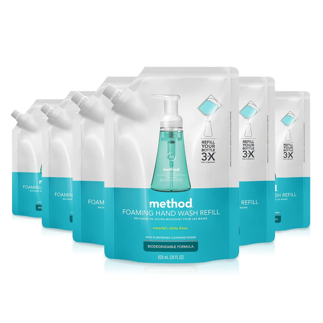 Method 01366 Foaming Hand Wash Refill, Waterfall Scent, Pouch Pack, 28oz Volume, 9.57 Height, 6.41 width, 28 fl. oz. (Pack of 6)