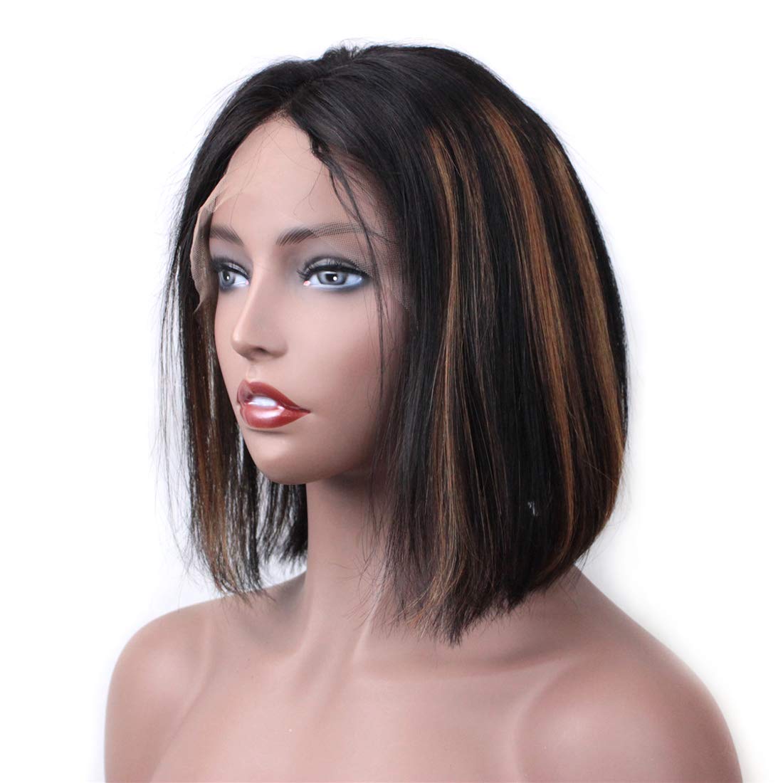 10 inch , #1B/#30 HL : ZANA Short Bob Human Hair Lace Front Wigs Brazilian Virgin Glueless Silk Straight Hair Wigs with Baby Hair for Black Women Highlight Color