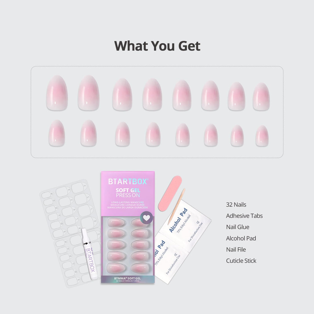 BTArtbox Press On Nails Short - Pink Ombre Almond Press On Nails with Glue for Women, Opaque Soft Gel Glue On Nails in 16 Sizes - 32 Stick On Nails Kit, Love Letter
