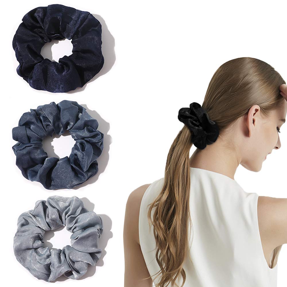 Silk Satin Scrunchies Women Hair Ties - Ivyu Big Scrunchy Ponytail Holder No Crease Hair Bands Soft Elastic No Hurt Your Hair for Vsco Girl Women Black Gray Dark Blue Light Blue
