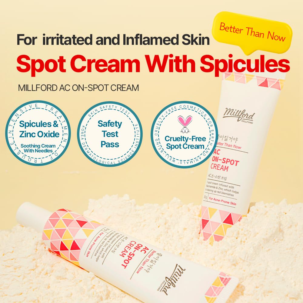 Millford AC On-Spot Cream 30g/1.05 Oz, Zinc Oxide 10%, Niacinamide 2%, Acne Care, Blemish Treatment, Dark Spot, Korean Skincare