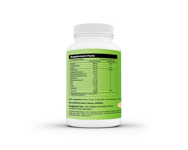 Formulated for Dry Eyes Mini-softgels of Ultra pure Omega-3, Black Currant Oil, Maqui Berry, Lutein, Zeaxanthin, Vitamins B12 and D3 (2 Month (180 mini softgels)