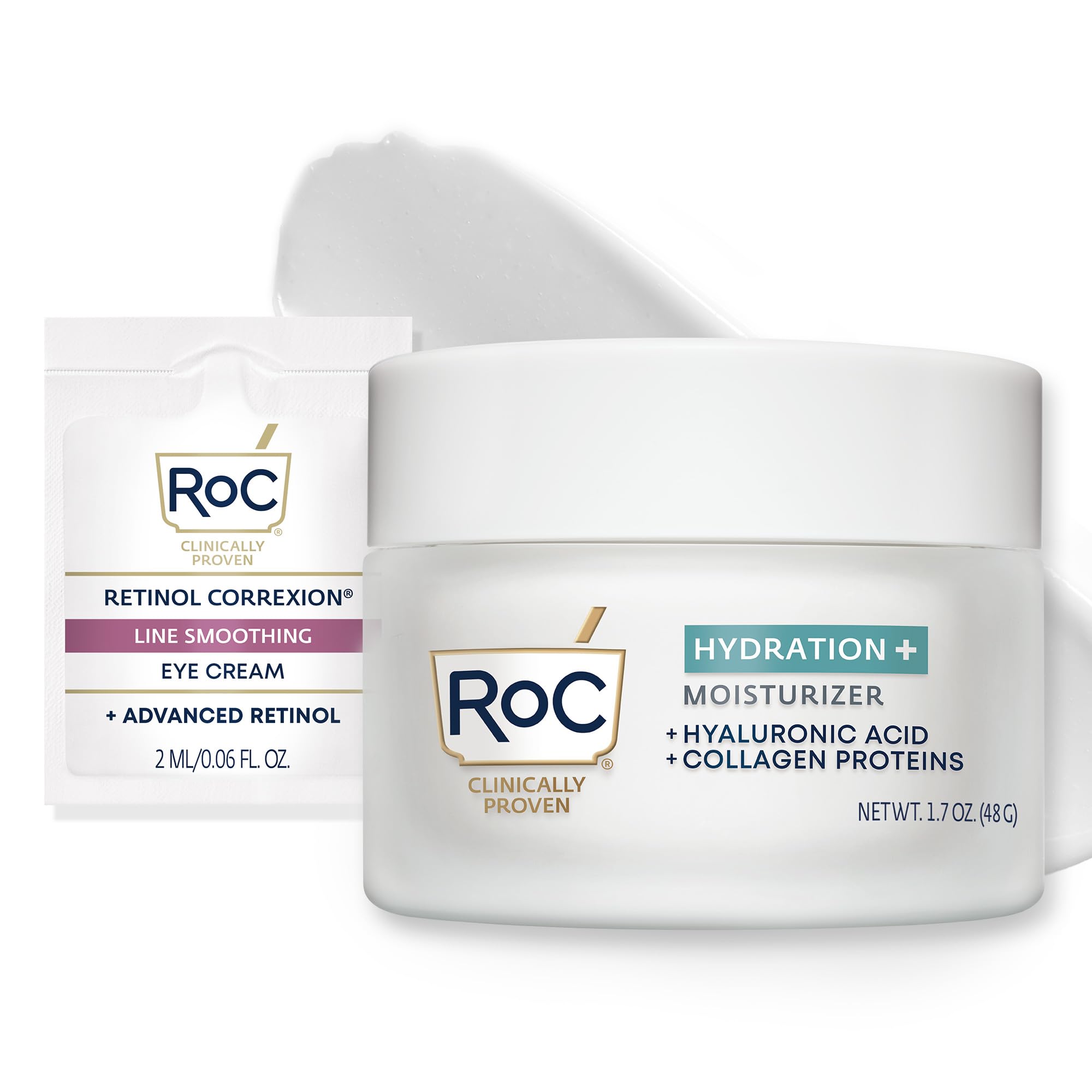 RoC Hydration+ Hyaluronic Acid Moisturizer Face Cream, Hydrating, Smoothing, Fragrance Free Formula with Collagen Proteins (1.7 Ounces) with Retinol Eye Cream Packette