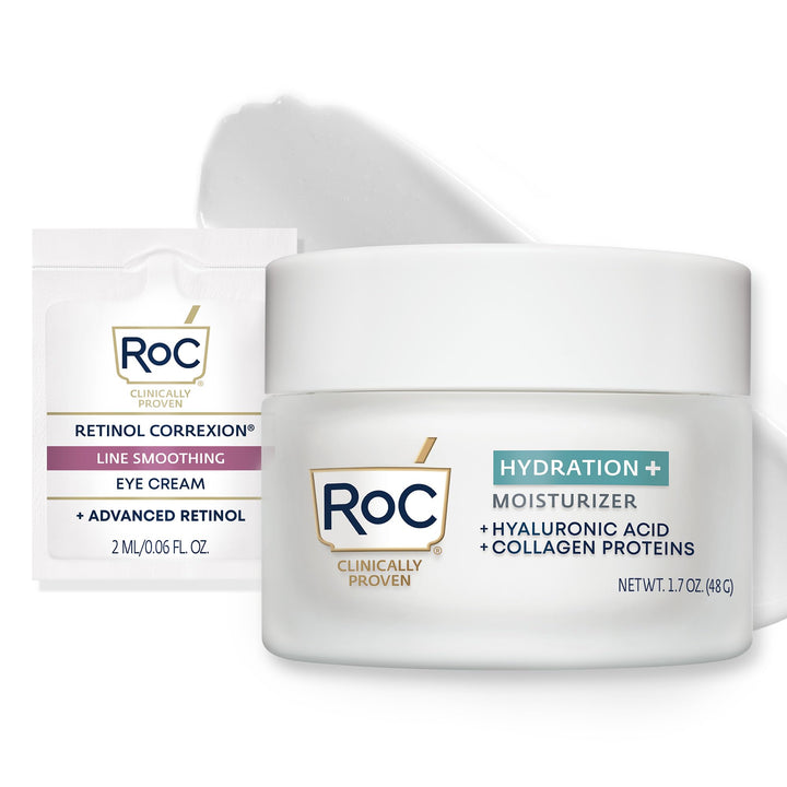 RoC Hydration+ Hyaluronic Acid Moisturizer Face Cream, Hydrating, Smoothing, Fragrance Free Formula with Collagen Proteins (1.7 Ounces) with Retinol Eye Cream Packette