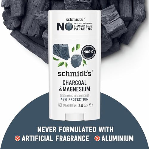 Schmidt's Aluminum-Free Vegan Deodorant Charcoal & Magnesium with 48 Hour Odor Protection, for Women and Men, Natural Ingredients, Cruelty-Free, 2.65 oz