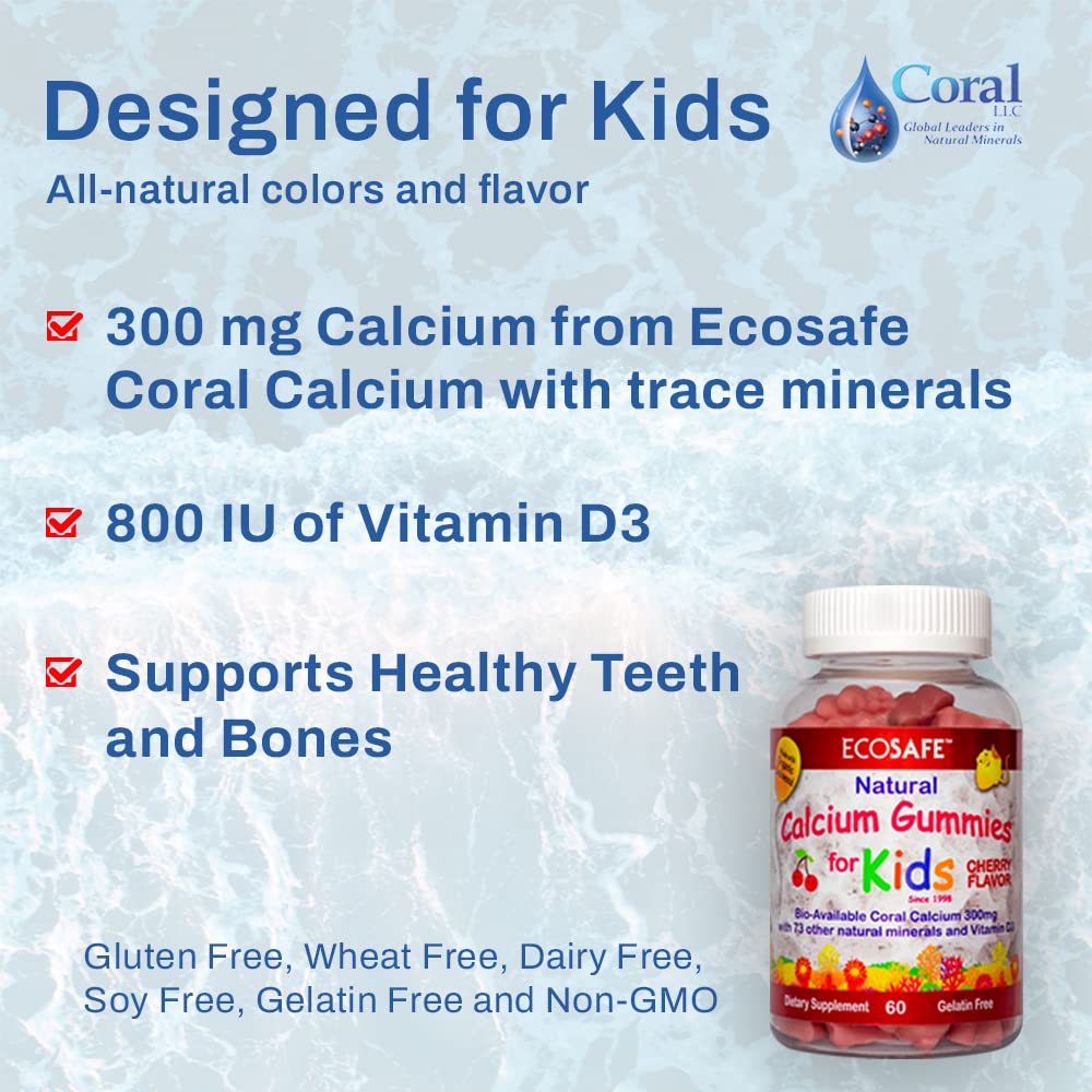 Coral Calcium Vitamin D3 Kids Gummy, Natural Cherry Flavor, Non GMO, Gluten-Free, Dairy-Free, Soy-Free and Gelatin Free - 300 mg of Calcium, and 800 IU of Vitamin D3-60 Gummies (1 Pack)