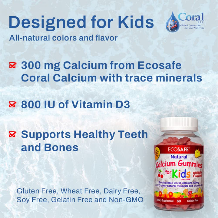Coral Calcium Vitamin D3 Kids Gummy, Natural Cherry Flavor, Non GMO, Gluten-Free, Dairy-Free, Soy-Free and Gelatin Free - 300 mg of Calcium, and 800 IU of Vitamin D3-60 Gummies (1 Pack)