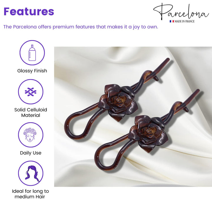 Parcelona French Rose Flower Twist N Clip Set of 2 Cellulose Acetate Shell Hair Clip Barrette