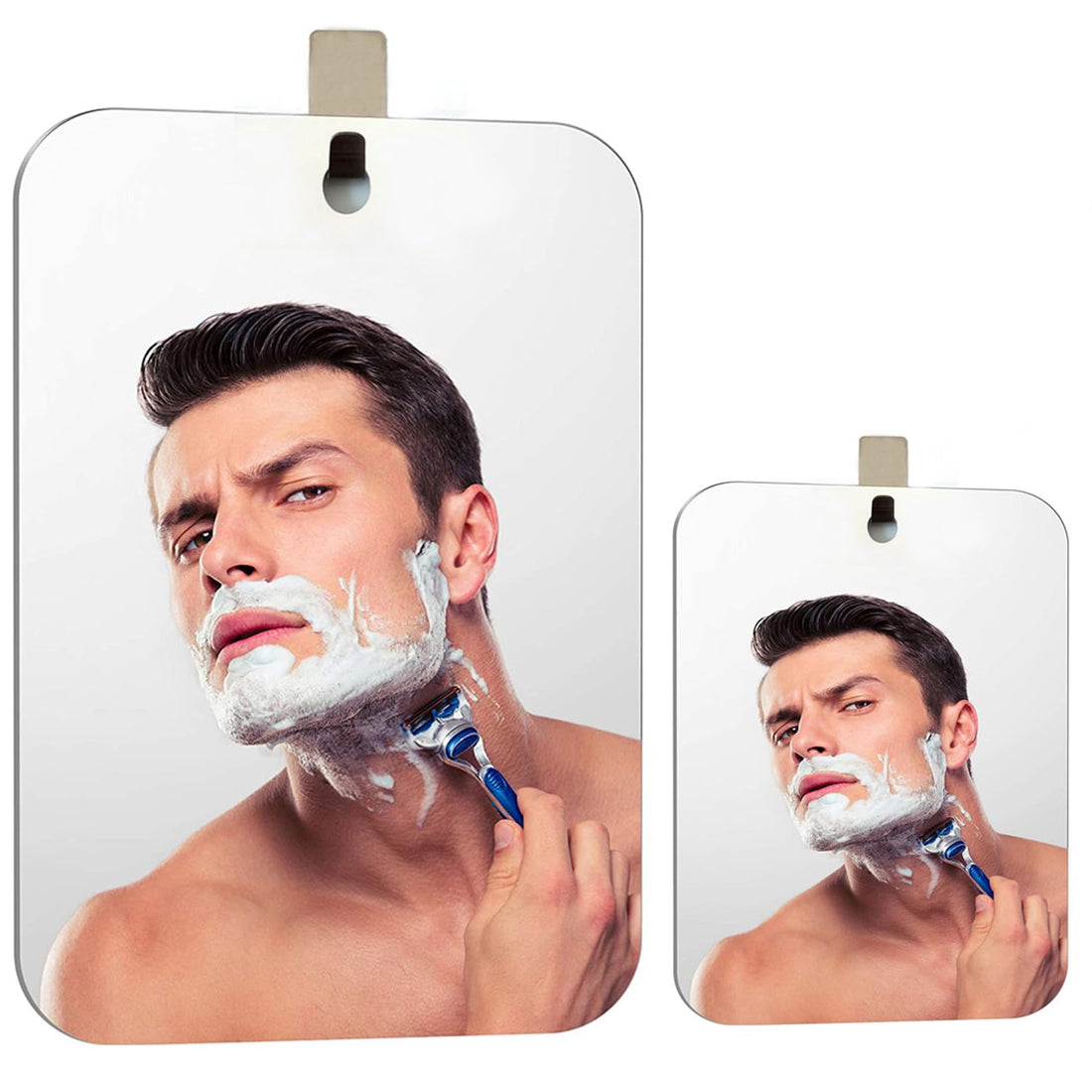 Large+Small, 2 Pack: Xoyo-2Pack Fogless Shower Mirror, Includes 2 Adhesive Hooks, Anit-Fog Shower Mirror, Shower Makeup Shave Mirror, Frameless Shower Mirror, Wall Hanging Mirror