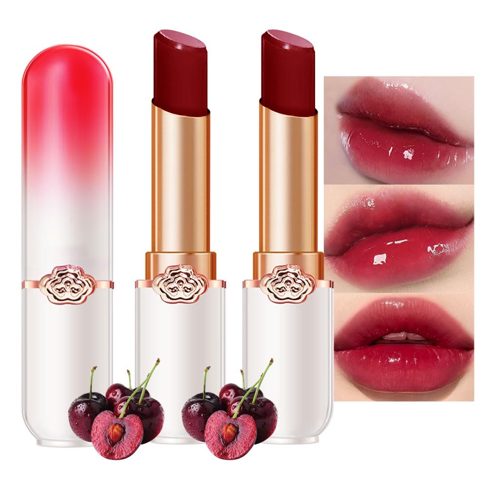 BINGBRUSH Peach Color Changing Lipstick,Moisturizer Long Lasting Lip Care Lip Balm Magic Lip Gloss Lip Tint Stain Gloss Set for Women (2 Pcs Red Cherries Lip Balm)