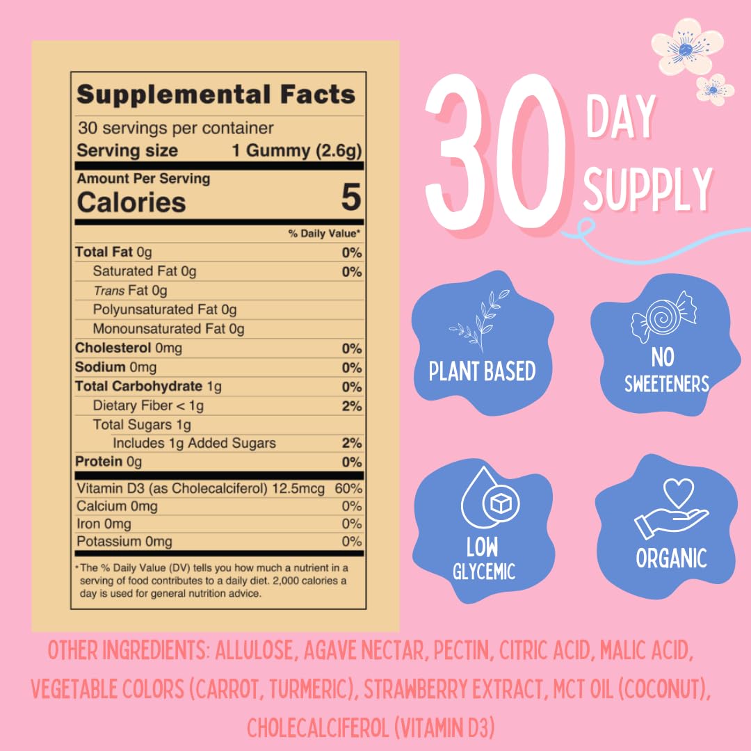 Krunchy Kids 500IU Vitamin D3 Gummies - Organic, Plant-Based, Sugar-Free | Real Strawberry, Allulose, MCT-Oil, Agave | Supports Bones, Immunity, Mood & Sleep