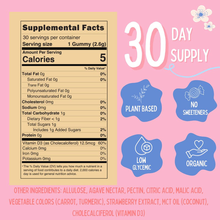 Krunchy Kids 500IU Vitamin D3 Gummies - Organic, Plant-Based, Sugar-Free | Real Strawberry, Allulose, MCT-Oil, Agave | Supports Bones, Immunity, Mood & Sleep