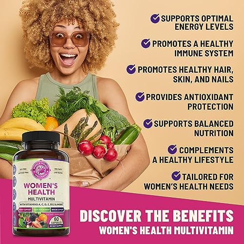 Womens Daily Multivitamin Multimineral Supplement for Energy, Mood, Focus, Hair, Skin & Nails. Made for Women with 30+ Nutrients, Fruit & Energy Blend. Womens Vitamins 60 Capsules. Made in the USA.