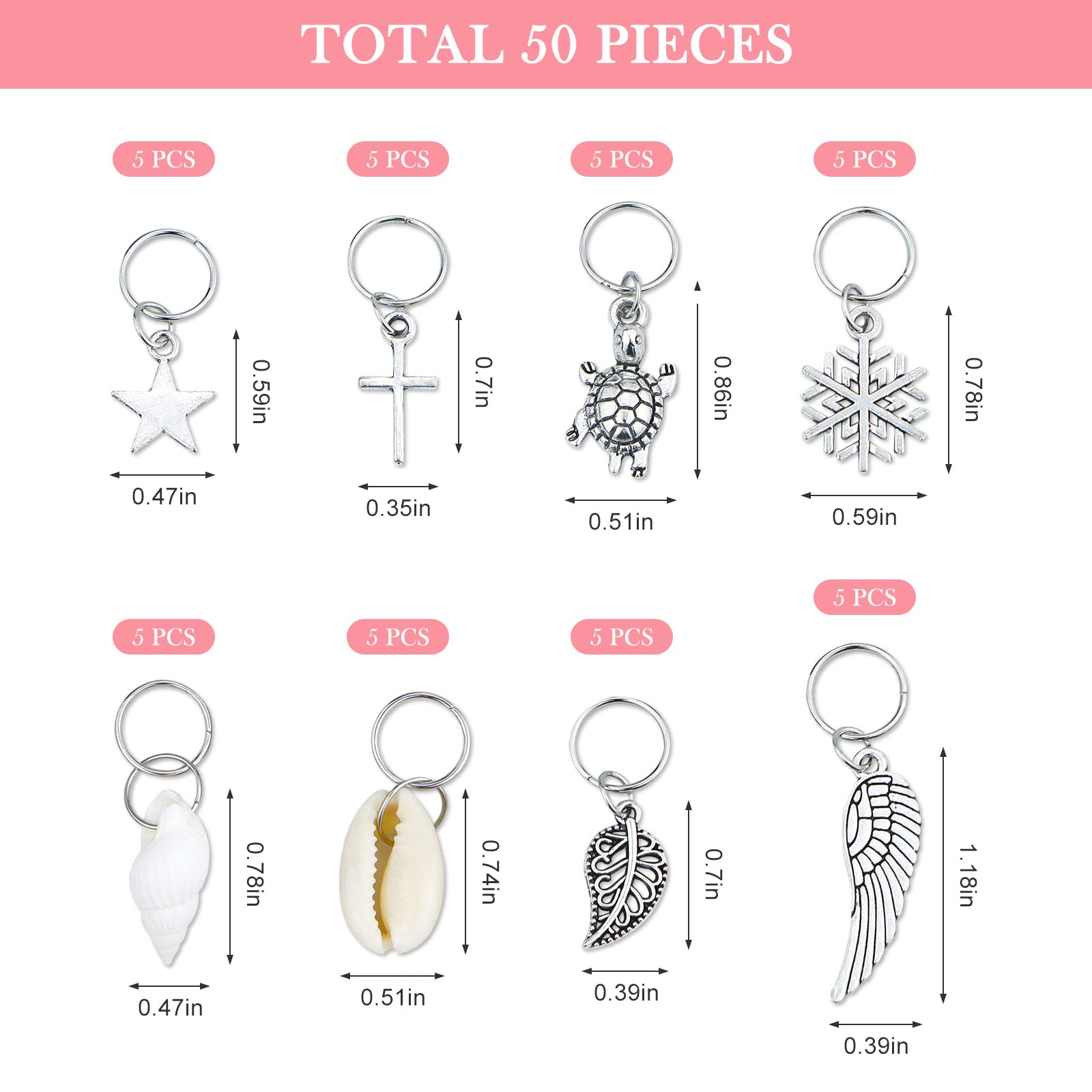 JIALEEY Hair Braid Rings, 50PCS Hair Loops Clips Silver Ring Shell Leaves Star Conch Snowflake Pendant Charms Set Hair Clip Headband Accessories