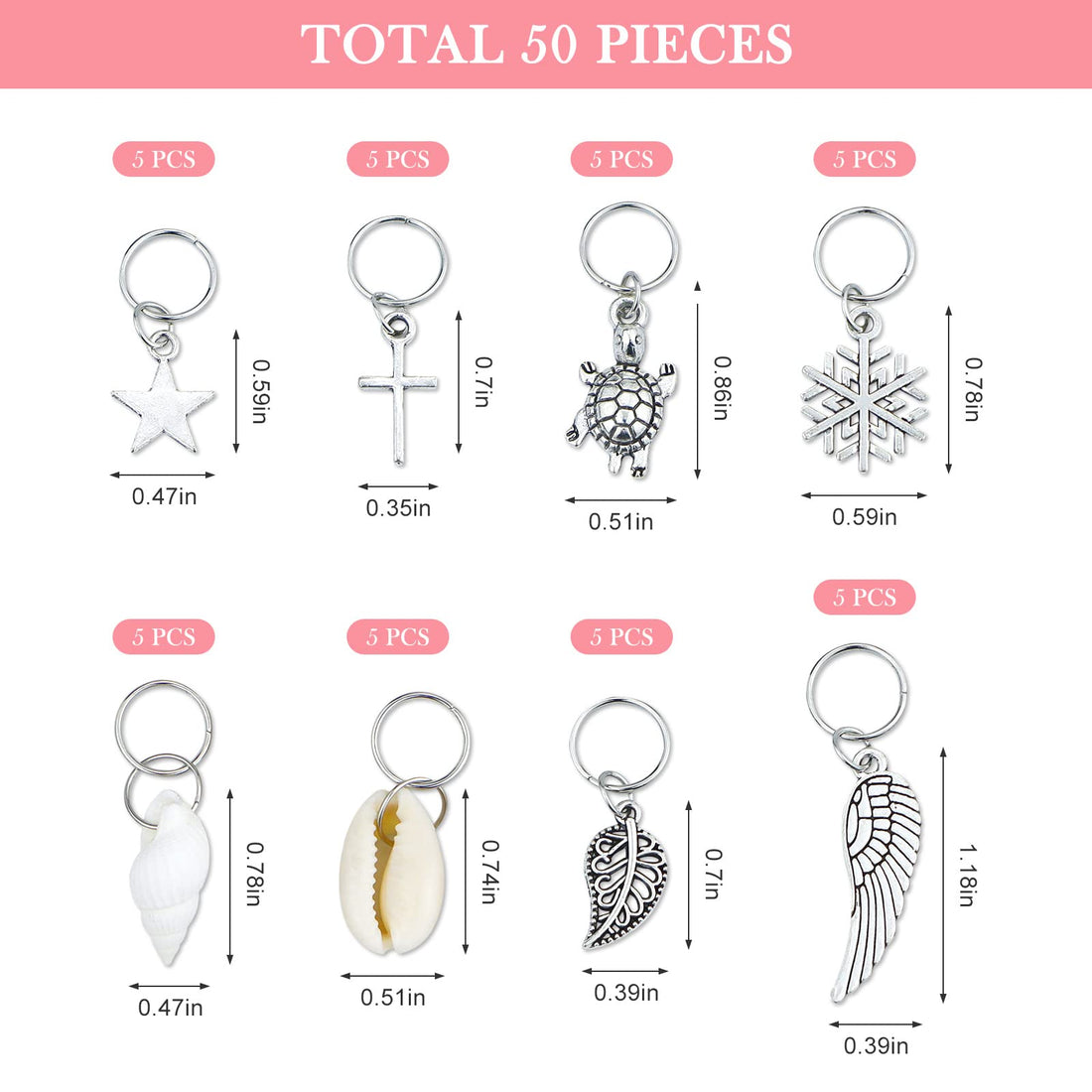 JIALEEY Hair Braid Rings, 50PCS Hair Loops Clips Silver Ring Shell Leaves Star Conch Snowflake Pendant Charms Set Hair Clip Headband Accessories