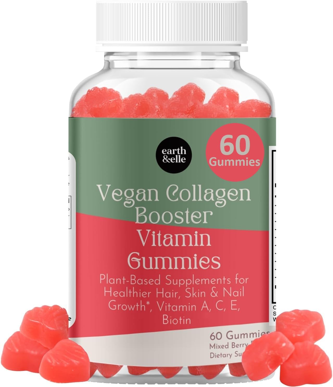 earth & elle Vegan Collagen Booster Gummies for Women with Biotin and Vitamins - Boosts Hair Nails and Skin Health, Anti-Aging - Delicious Sugar Free Berry Flavor - Easy to Chew - 60 Count
